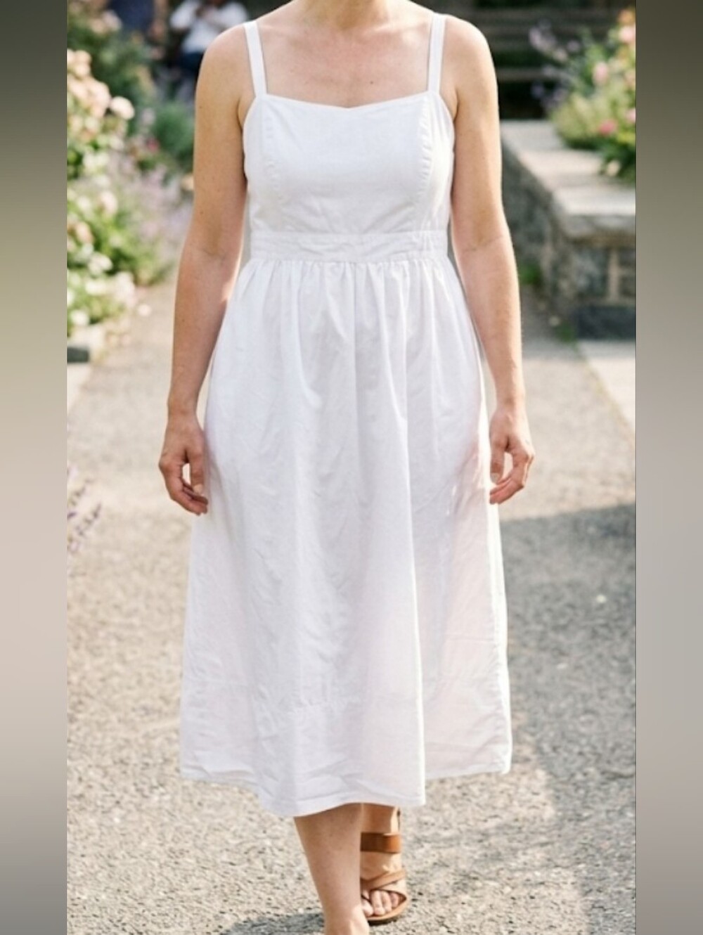 Well Worn Brand Women’s White Cotton Midi Sundress - Sleeveless Spaghetti Strap